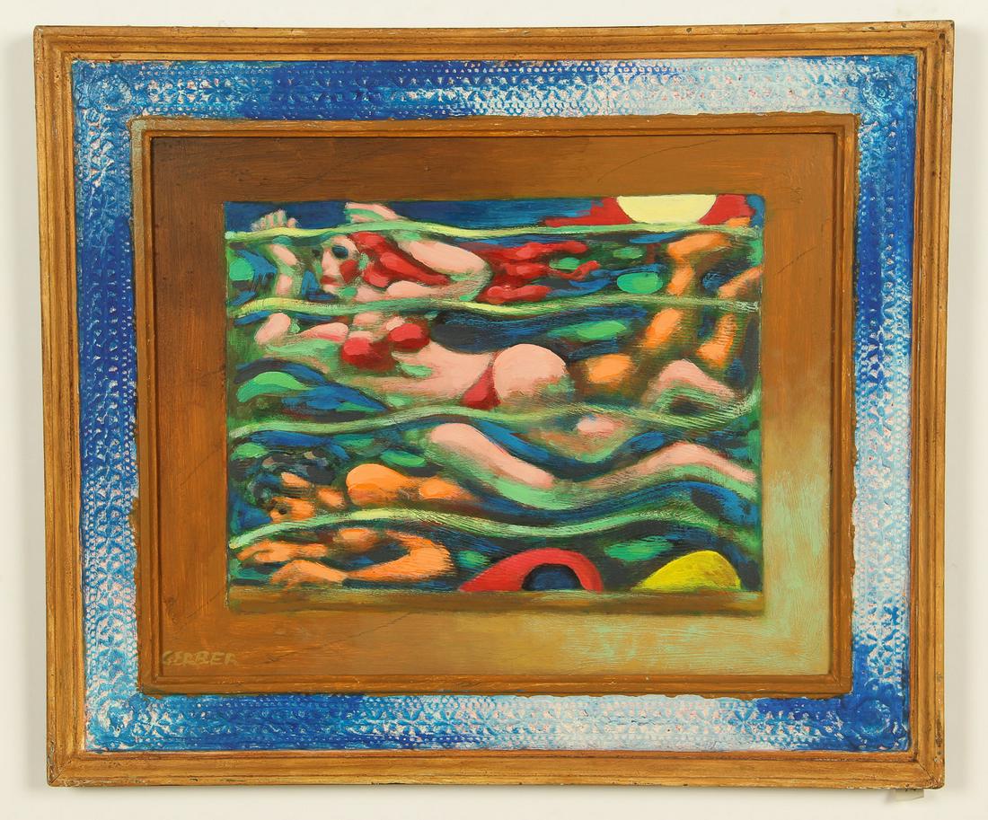 Jack Gerber (American, b. 1927) Oil Painting: Jack Gerber (American, b. 1927) "Swimmers" oil on canvas, signed. Framed. Size: 16" x 20", 41 x 51 cm. (stretcher); 22" x 26", 56 x 66 cm. (frame).