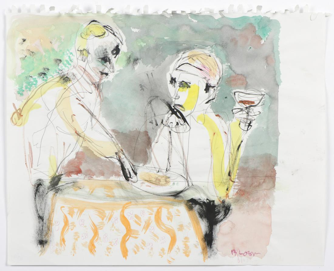 Jim Bloom (b. 1968) "Waiter" mixed media: Jim Bloom (American, b. 1968) "Waiter", mixed media on paper, signed. Unframed. Size: Size: 13.5'' x 17'', 34 x 43 cm (sheet).