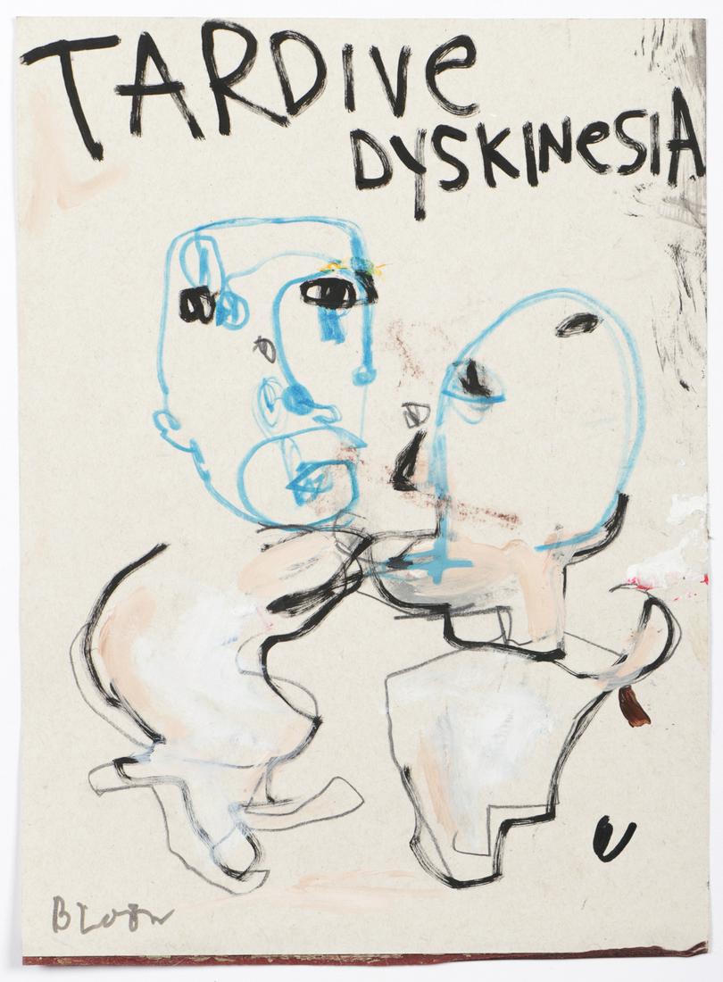 Jim Bloom (b. 1968) "Tardive Dyskenesia" mixed media: Jim Bloom (American, b. 1968) "Tardive Dyskenesia" mixed media on paper, signed. Unframed. Size: 15'' x 11'', 38 x 28 cm (sheet).