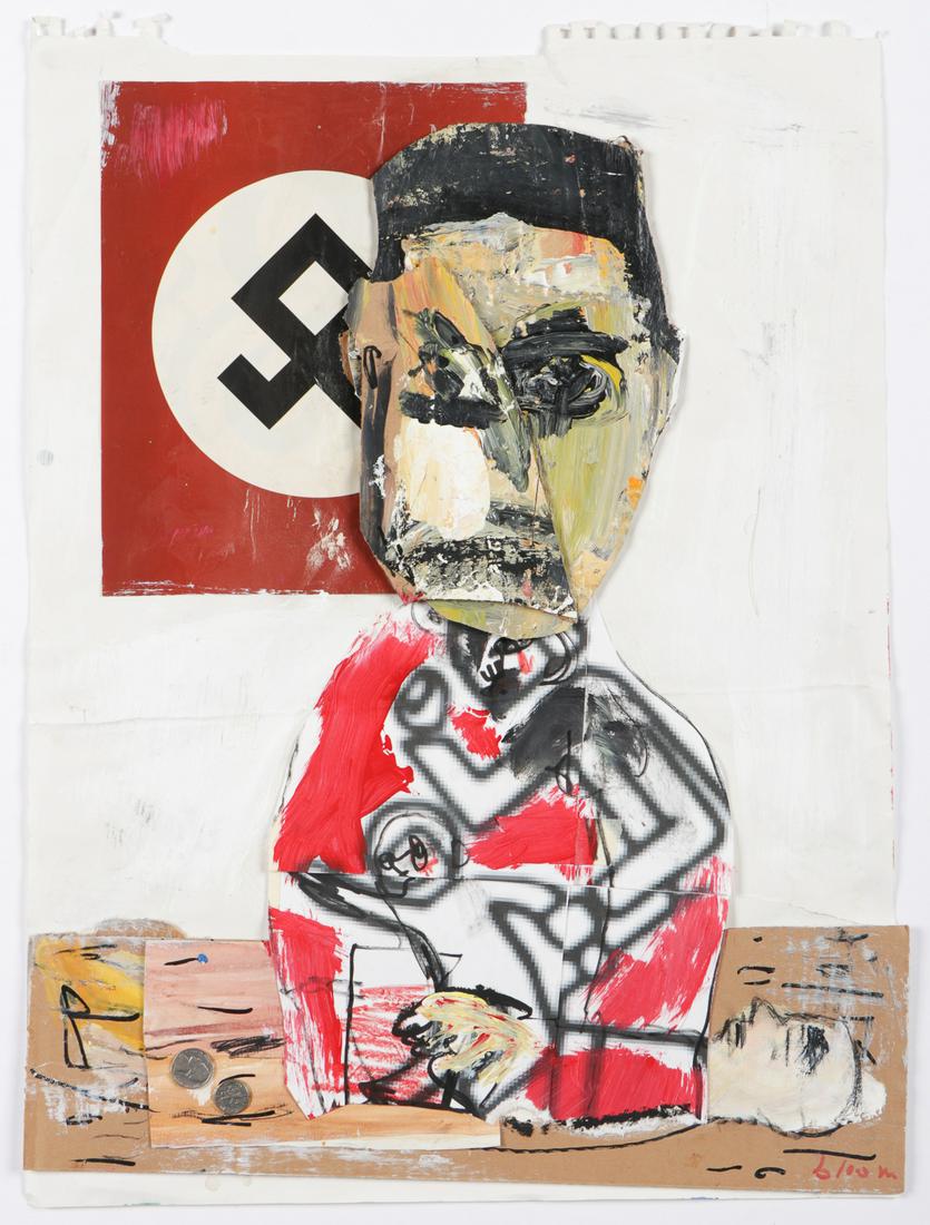 Jim Bloom (b. 1968) Untitled (Hitler): Jim Bloom (American, b. 1968) Untitled (Hitler), mixed media collage, signed. Unframed. Size: 24.75'' x 18'', 63 x 46 cm (sheet).