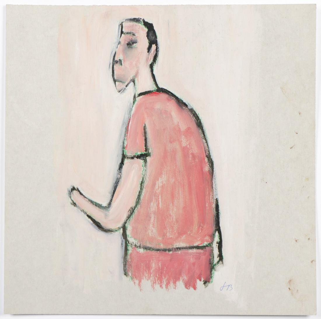 Jim Bloom (b. 1968) mixed media: Jim Bloom (American, b. 1968) Untitled, (Man in Red) mixed media on cardboard, initialed. Unframed. Size: 12'' x 12'', 30 x 30 cm (sheet).