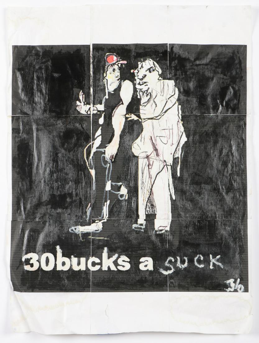 Jim Bloom (b. 1968) "30 Bucks a Suck": Jim Bloom (American, b. 1968) "30 Bucks a Suck," mixed media on multiple sheets of paper, signed. Unframed. Size: 30.6" x 22.6", 78 x 57 cm. (Total sheet).