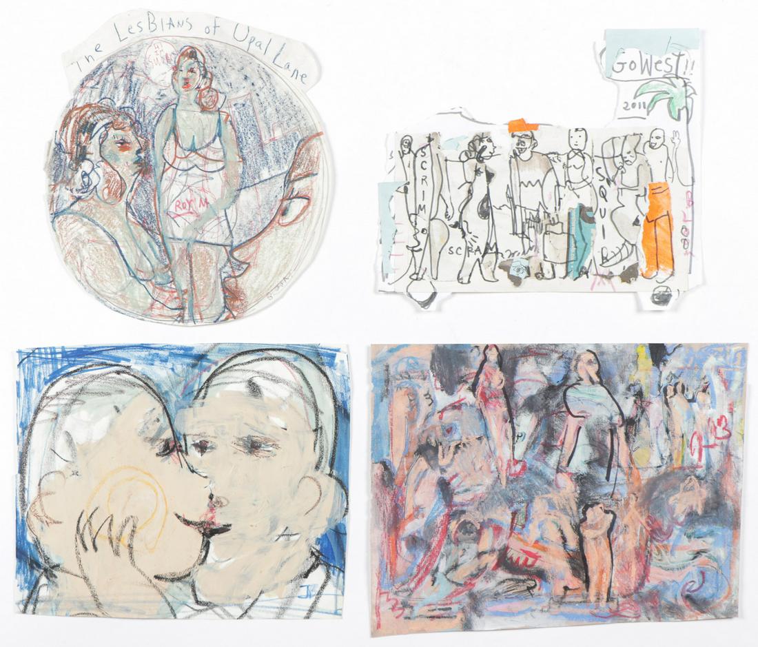Jim Bloom (b. 1968) Four (4) Works: Jim Bloom (American, b. 1968) Four (4) Works. Including: 1) "The Lesbians of Opal Lane," mixed media, signed; 2) "Go West," 2011, mixed media collage, signed; 3) Untitled (Couple kissing), mixed media