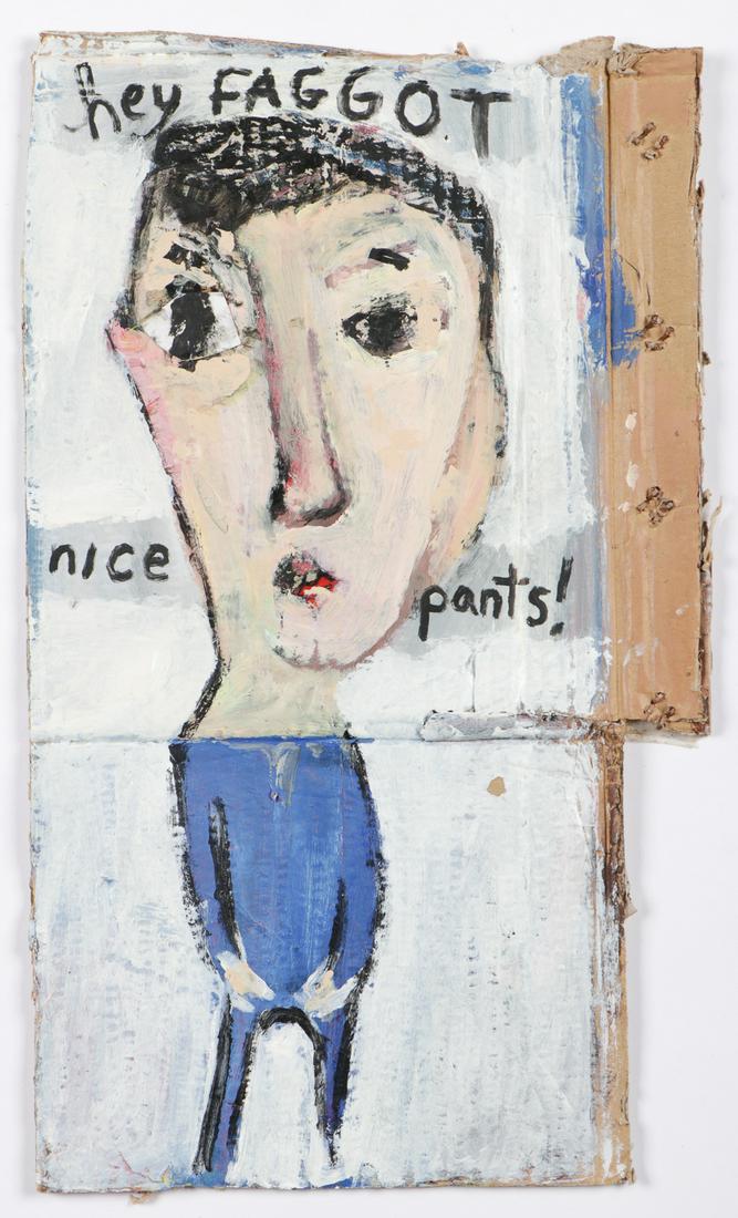 Jim Bloom (b. 1968) "Hey Faggot, Nice Pants!" mixed: Jim Bloom (American, b. 1968) "Hey Faggot, Nice Pants," mixed media collage on found cardboard. Unframed. Size: 20.5'' x 12'', 52 x 30 cm (sheet).
