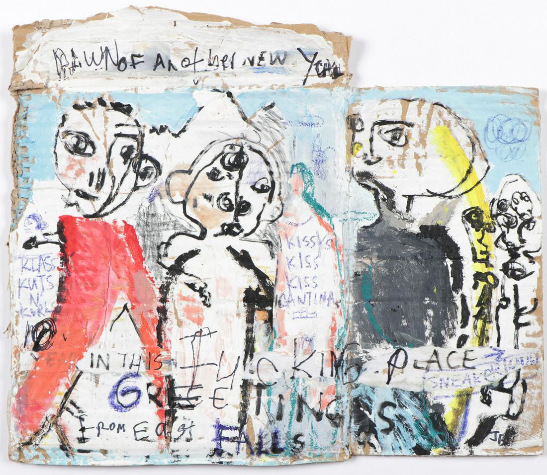 Jim Bloom (b. 1968) "Dawn of Another New York" mixed: Jim Bloom (American, b. 1968) 'Dawn of Another New York, mixed media on cardboard, initialed. Unframed. Size: 13.3" x 15.5", 34 x 39 cm. (sheet).