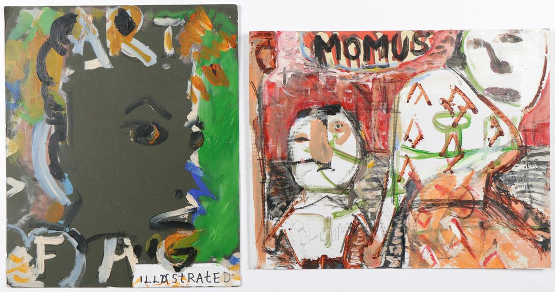 Jim Bloom (b. 1968) Two Works, mixed media: Jim Bloom (American, b. 1968) Two Works. Includng: 1) "Momus," mixed media on cardboard, signed; and 2) Untitled, mixed media collage. Both unframed. Sizes: 1) 16'' x 20'', 41 x 51 cm (sheet); 2) 19''