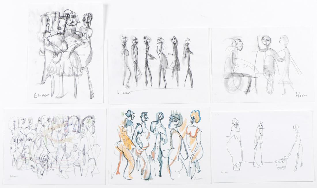 Jim Bloom (b. 1968) Six (6) Works: Jim Bloom (American, b. 1968) Six (6) Works. All untitled, various media, signed. All unframed. Size:each 9'' x 12'', 23 x 30 cm (sheet).