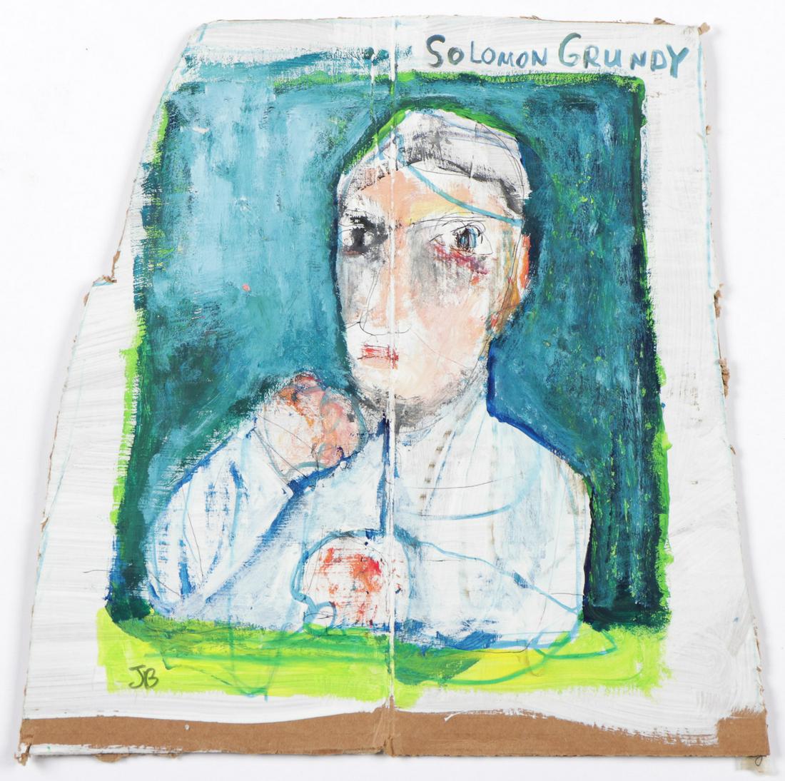 Jim Bloom (b. 1968) "Solomon Grundy" mixed media: Jim Bloom (American, b. 1968) "Solomon Grundy," mixed media on cardboard, initialed. Unframed. Size:14.25'' x 14.5'', 36 x 37 cm (sheet).