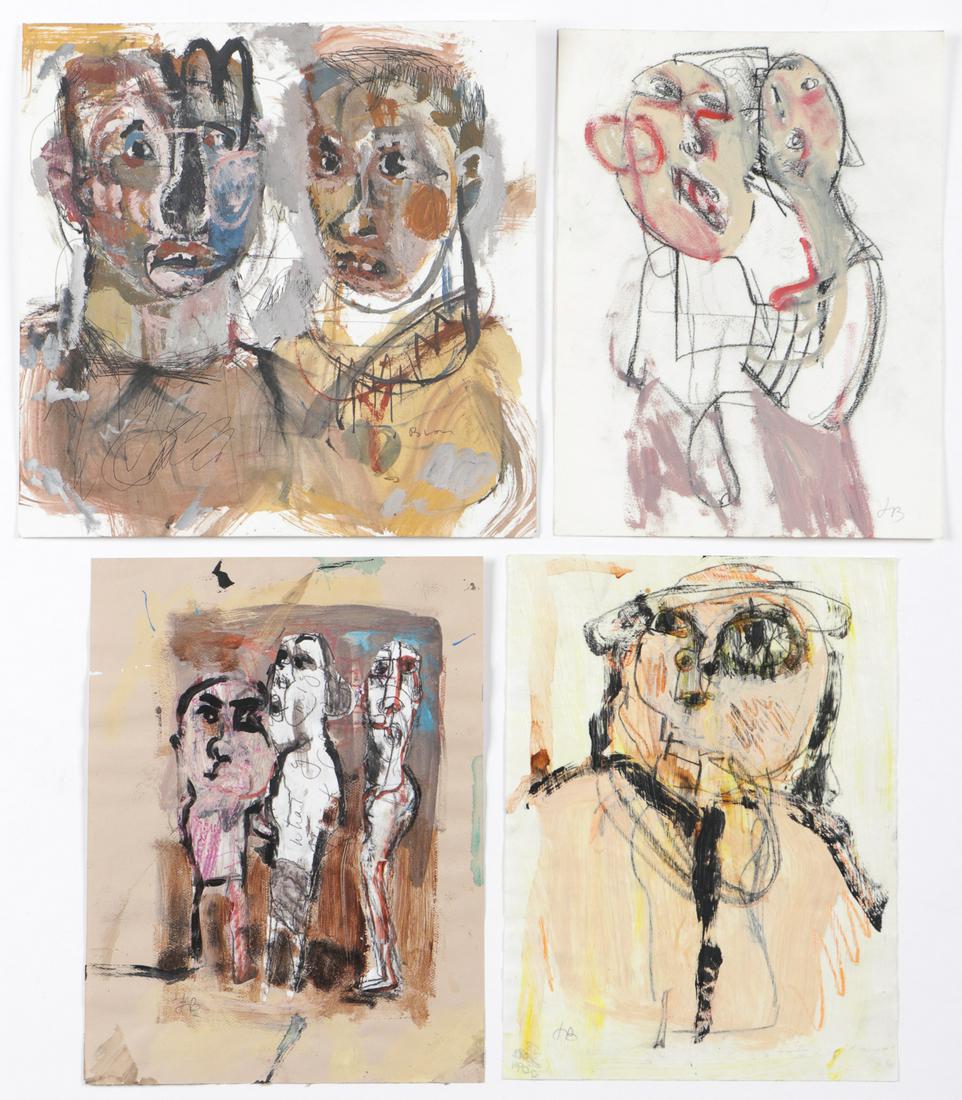 Jim Bloom (b. 1968) Four (4) Works: Jim Bloom (American, b. 1968) Unframed. Four (4) works. All untitled, mixed media, 3 initialed, 1 signed, All unframed. Ranging in Size from: 12'' x 9'', 30 x 23 cm (sheet) to 12'' x 12'', 30 x 30 cm