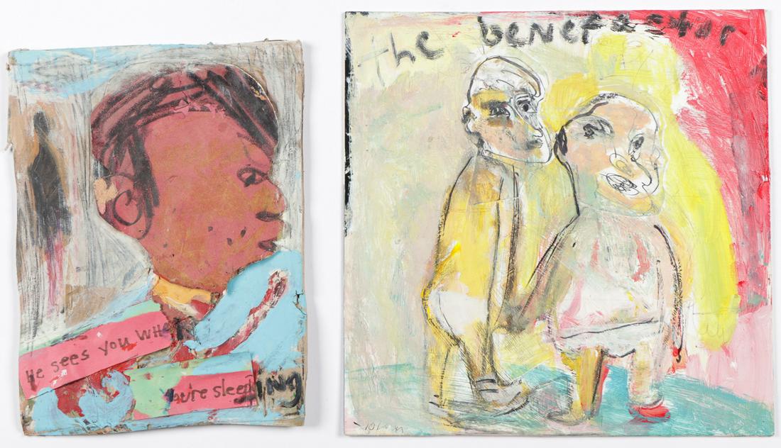 Jim Bloom (b. 1968) Two Works, mixed media and collage: Jim Bloom (American, b. 1968) Two Works. Including: 1) "He Sees You When You're Sleeping," mixed media collage; 2) "Benefactor," mixed media on cardboard, signed. Both unframed. Sizes: 1) 11'' x 8'',