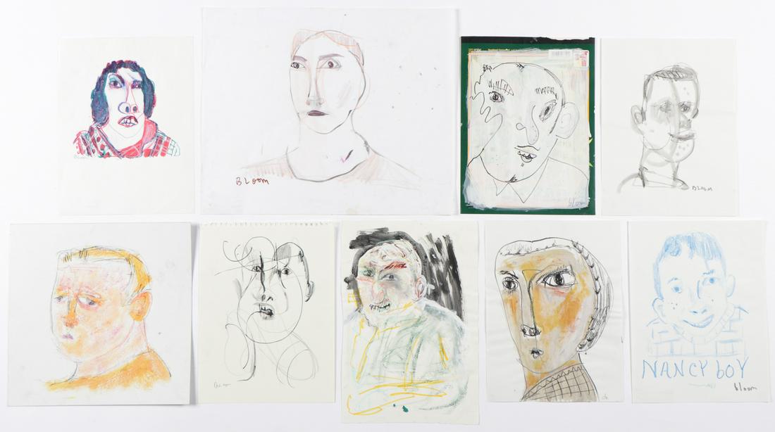 Jim Bloom (b. 1968) Nine (9) Works: Jim Bloom (American, b. 1968) Jim Bloom (American, b. 1968) Six (9) Works, all untitled, various media on paper and cardboard, all but one signed or initialed, all unframed. Ranging in Size from: 12''