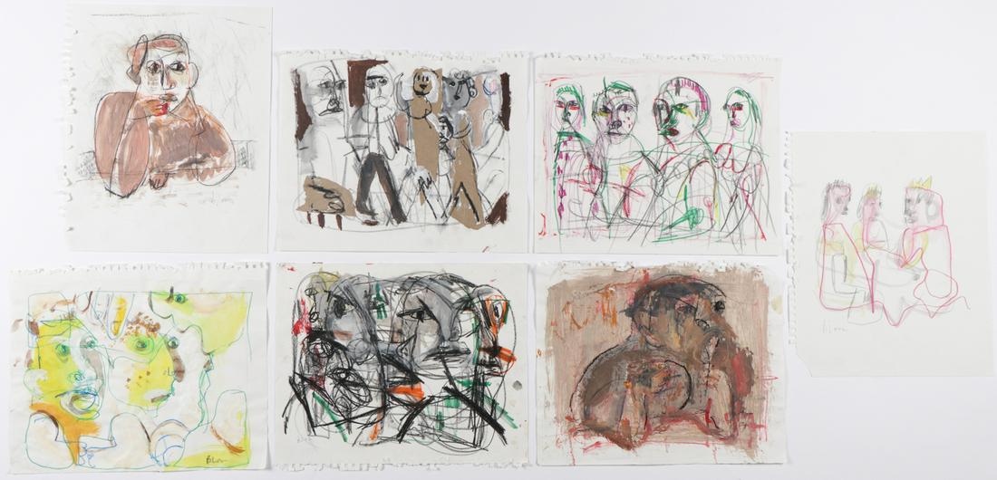 Jim Bloom (b. 1968) Seven (7) Works: Jim Bloom (American, b. 1968) Seven (7) Works, all untitled, various media on paper, all signed, all unframed/ Size: each 11'' x 14'', 28 x 36 cm (sheet).