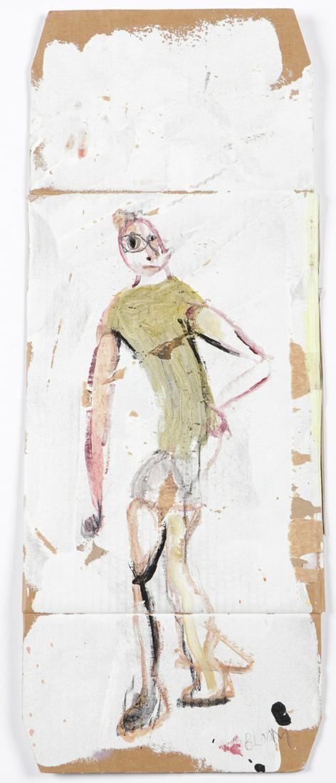 Jim Bloom (b. 1968) Untitled, mixed media: Jim Bloom (American, b. 1968) Untitled, mixed media on cardboard, signed. Unframed. Size: 24.25'' x 9.25'', 62 x 23 cm (sheet).
