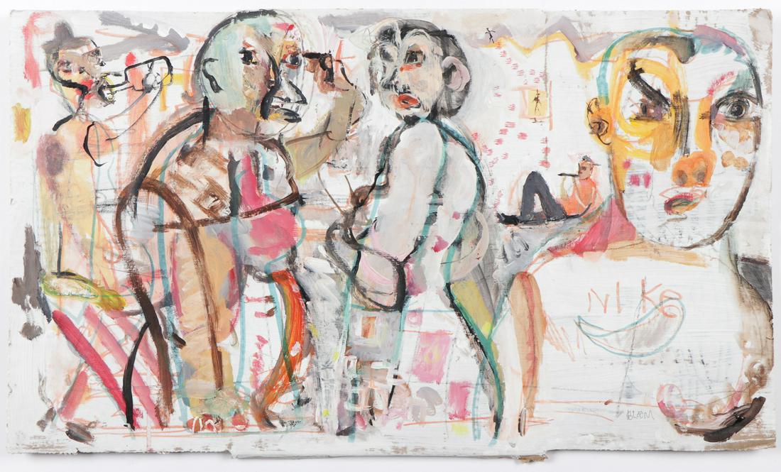 Jim Bloom (b. 1968) "Nike" mixed media: Jim Bloom (American, b. 1968) "Nike," mixed media on cardboard, signed. Unframed. 18" x 30.5", 46 x 77 cm. (sheet)