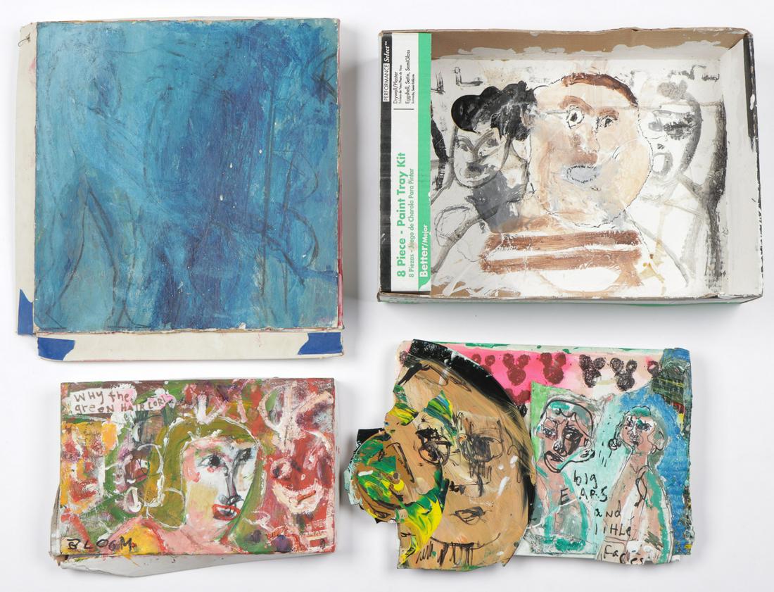 Jim Bloom (b. 1968) Four Works, mixed media: Jim Bloom (American, b. 1968) Four Works, mixed media and collage on cardboard boxes and box tops. One signed. Unframed. Ranging in size from: 7.5'' x 11.75'', 19 x 30 cm to 11.5'' x 3.5'', 29 x 9 cm.