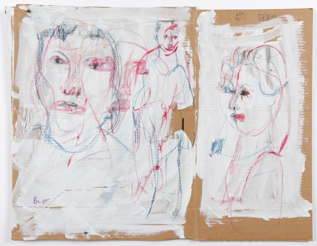 Jim Bloom (b. 1968) Untitled mixed media: Jim Bloom (American, b. 1968) Untitled, mixed media on cardboard, signed. Unframed. Size: 21'' x 26.5'', 53 x 67 cm (sheet).