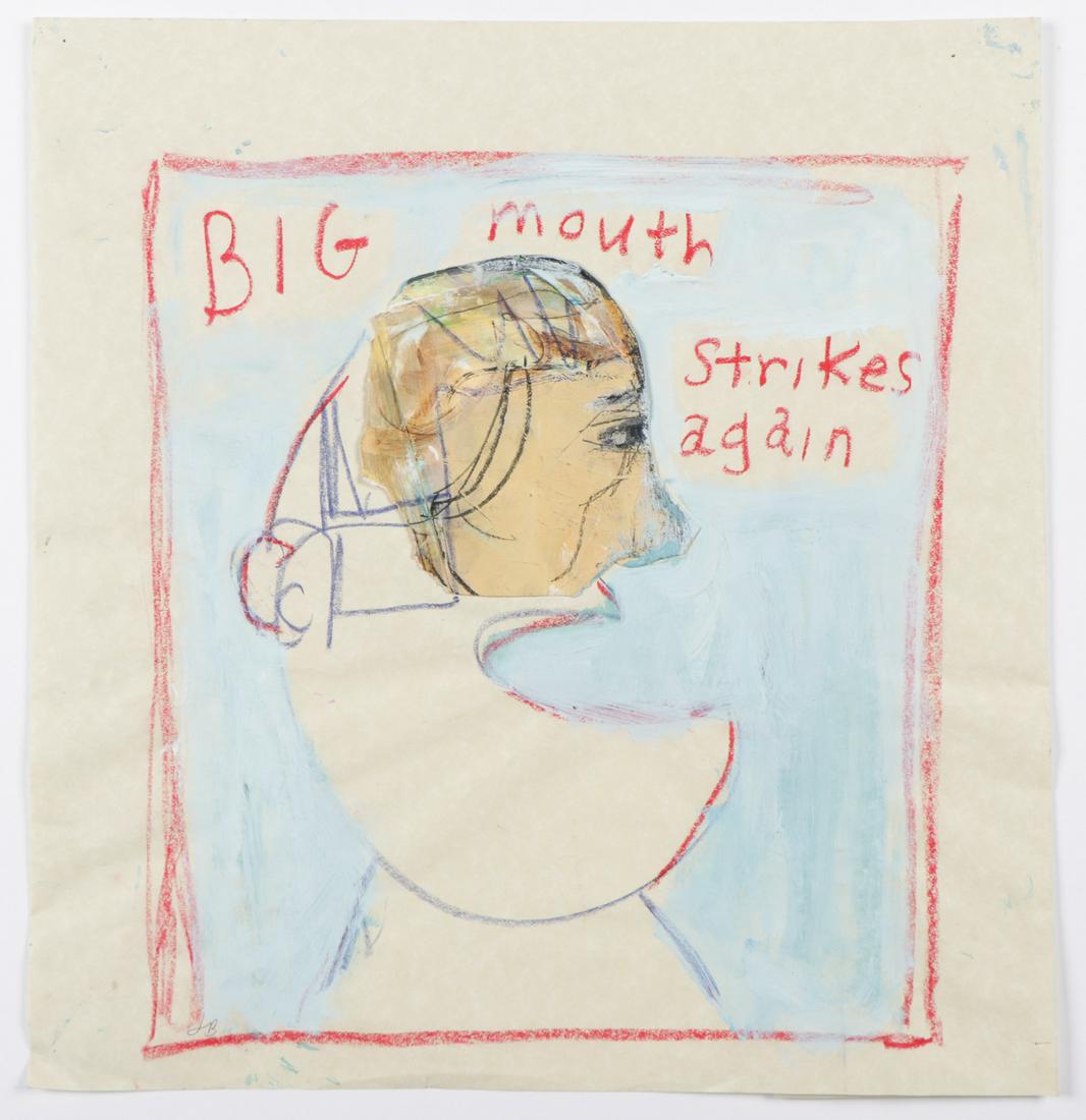 Jim Bloom (b. 1968) "Big Mouth Strikes Again": Jim Bloom (American, b. 1968) "Big Mouth Strikes Again," Mixed media collage, initialed. Unframed. Size: 20.6' x 19.5'', 52 x 50 cm (sheet).