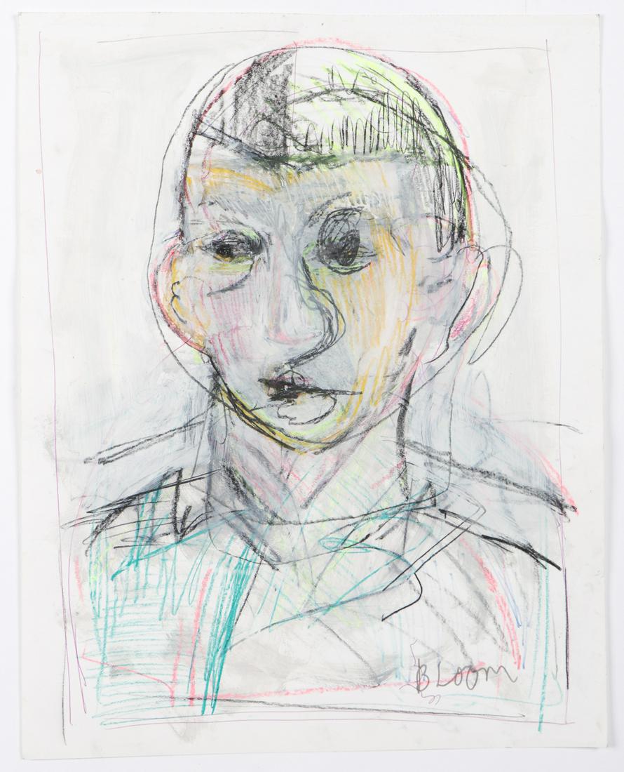 Jim Bloom (b. 1968) Untitled (Portrait): Jim Bloom (American, b. 1968) Untitled (Portrait) mixed media on paper, signed. Unframed. Size: 24" x 19", 61 x 48 cm. (sheet).