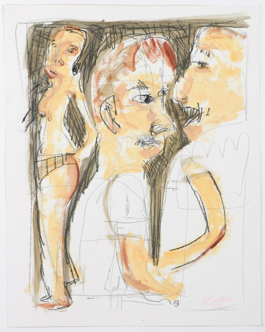 Jim Bloom (b. 1968) Untitled (3 Men): Jim Bloom (American, b. 1968) Untitled (3 Men), mixed media on paper, signed. Unframed. Size: 24" x 19", 61 x 48 cm. (sheet).