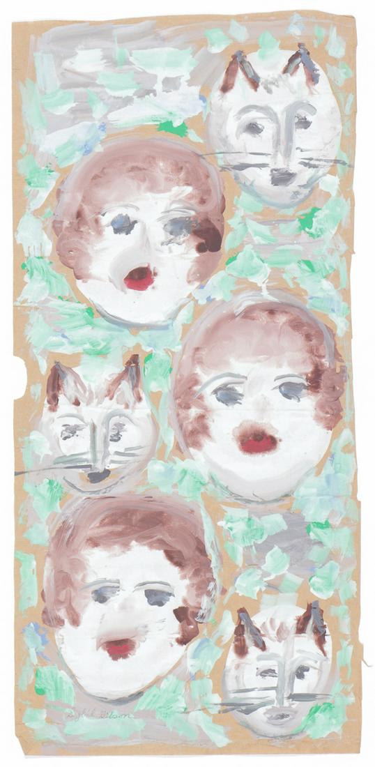 Sybil Gibson (American, 1908-1995) Pastel: Sybil Gibson (American, 1908-1995) Three Faces With Three Cats, pastel on found paper, signed. Unframed. Size: 36'' x 17'', 91 x 43 cm (sheet).