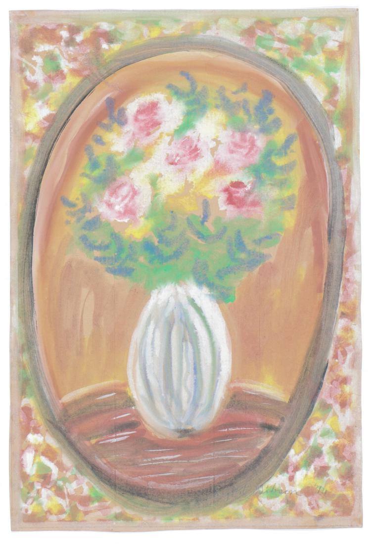 Sybil Gibson (American, 1908-1995) Pastel: Sybil Gibson (American, 1908-1995) "Big Rose Still Life," 1974, pastel on found paper, signed and dated, verso titled. Unframed. Size:36'' x 24.5'', 91 x 62 cm (sheet).