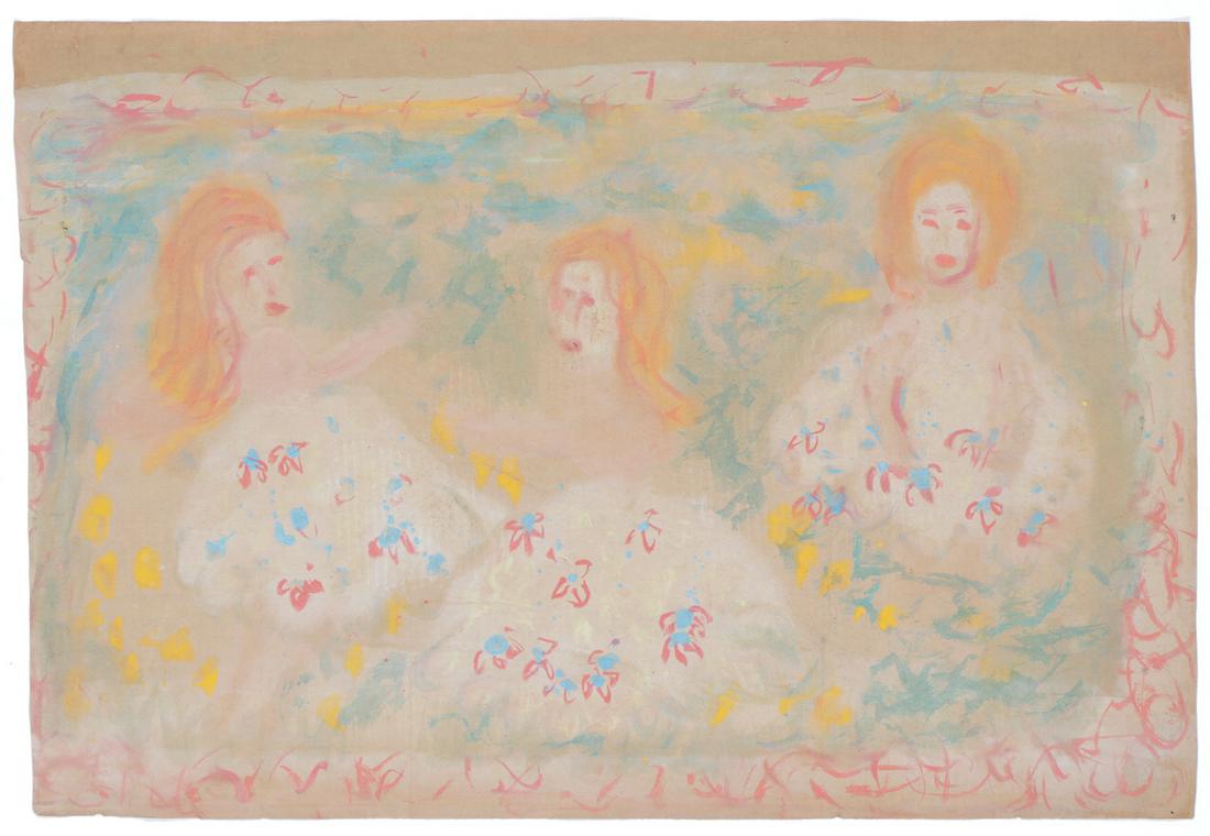 Sybil Gibson (American, 1908-1995) Pastel: Sybil Gibson (American, 1908-1995) Three Redheads in Fancy Dresses," pastel on found paper, unsigned. Unframed. Size: 27'' x 39'', 69 x 99 cm (sheet).