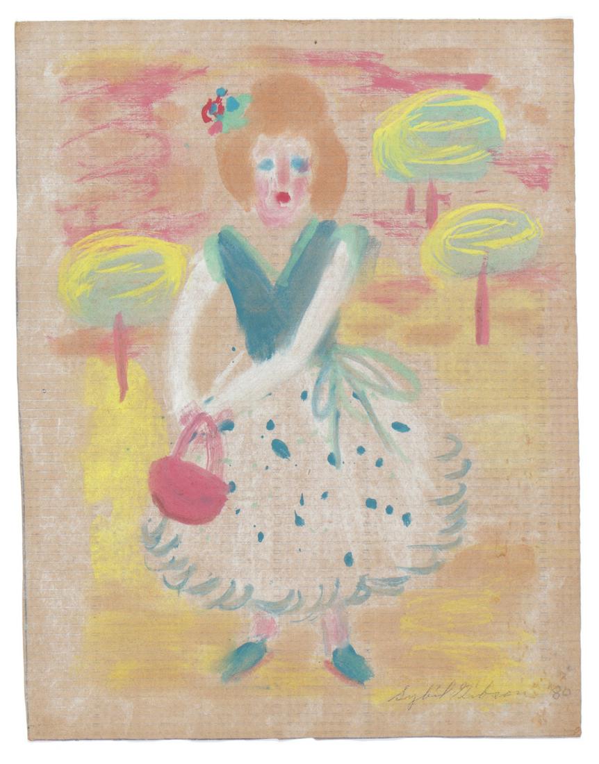 Sybil Gibson (American, 1908-1995) Pastel: Sybil Gibson (American, 1908-1995) Woman with Red Basket, 1980, pastel on found paper, signed and dated. Unframed. 24" x 18.5", 61 x 47 cm. (sheet)