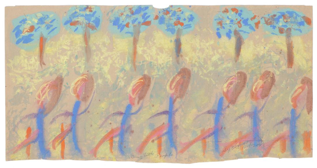 Sybil Gibson (American, 1908-1995) Pastel: Sybil Gibson (American, 1908-1995) "Busy Little People," pastel on found paper, signed and titled. Unframed. 20" x 38", 51 x 97 cm. (sheet).