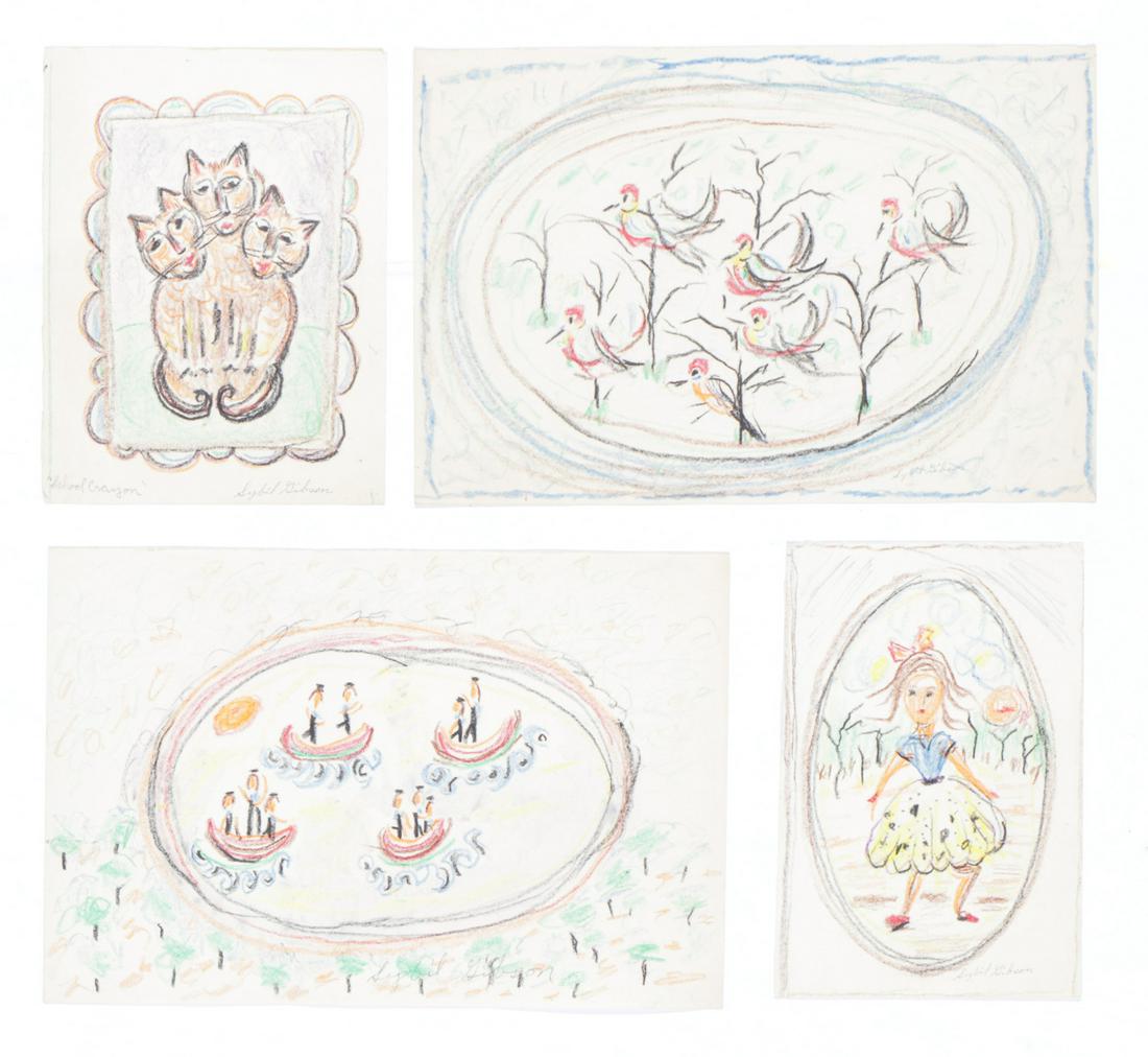 Sybil Gibson (American, 1908-1995) Four (4) Pastels: Sybil Gibson (American, 1908-1995) Four (4) Pastels on found paper, signed. Unframed. Sizes ranging from 12" x 8", 30 x 20 cm. to 12" x 18", 30 x 46 cm. (sheet).