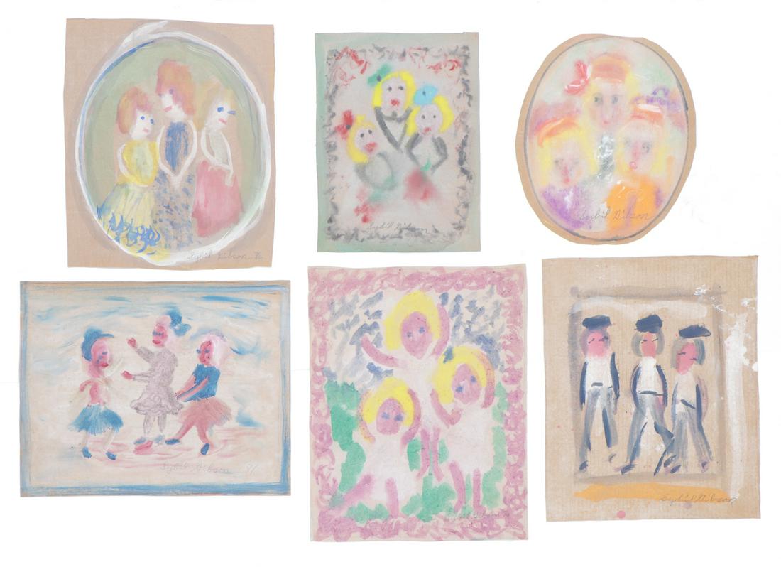 Sybil Gibson (American, 1908-1995) Six (6) Pastels: Sybil Gibson (American, 1908-1995) Six Pastels, on found paper. Unframed. Ranging in Size from: 16'' x 13'', 41 x 33 cm (sheet) to 20.5'' x 16.5'', 52 x 42 cm (sheet).