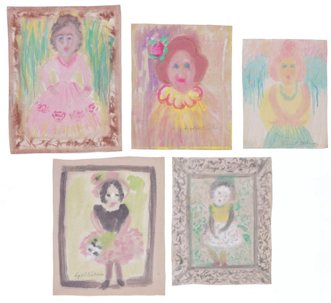 Sybil Gibson (American, 1908-1995) Five (5) pastels: Sybil Gibson (American, 1908-1995) Five (5) Pastels. On found paper, signed. Unframed. Ranging in Size from: 18.5'' x 14'', 47 x 36 cm (sheet) to 24'' x 18.5'', 61 x 47 cm (sheet).