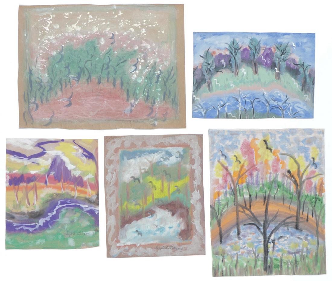 Sybil Gibson (American, 1908-1995) Five (5) pastels: Sybil Gibson (American, 1908-1995) Five (5) Pastels. On found paper, signed. Unframed. Ranging in Size from: 18.5'' x 15'', 47 x 38 cm (sheet) to 21'' x 28'', 53 x 71 cm (sheet).