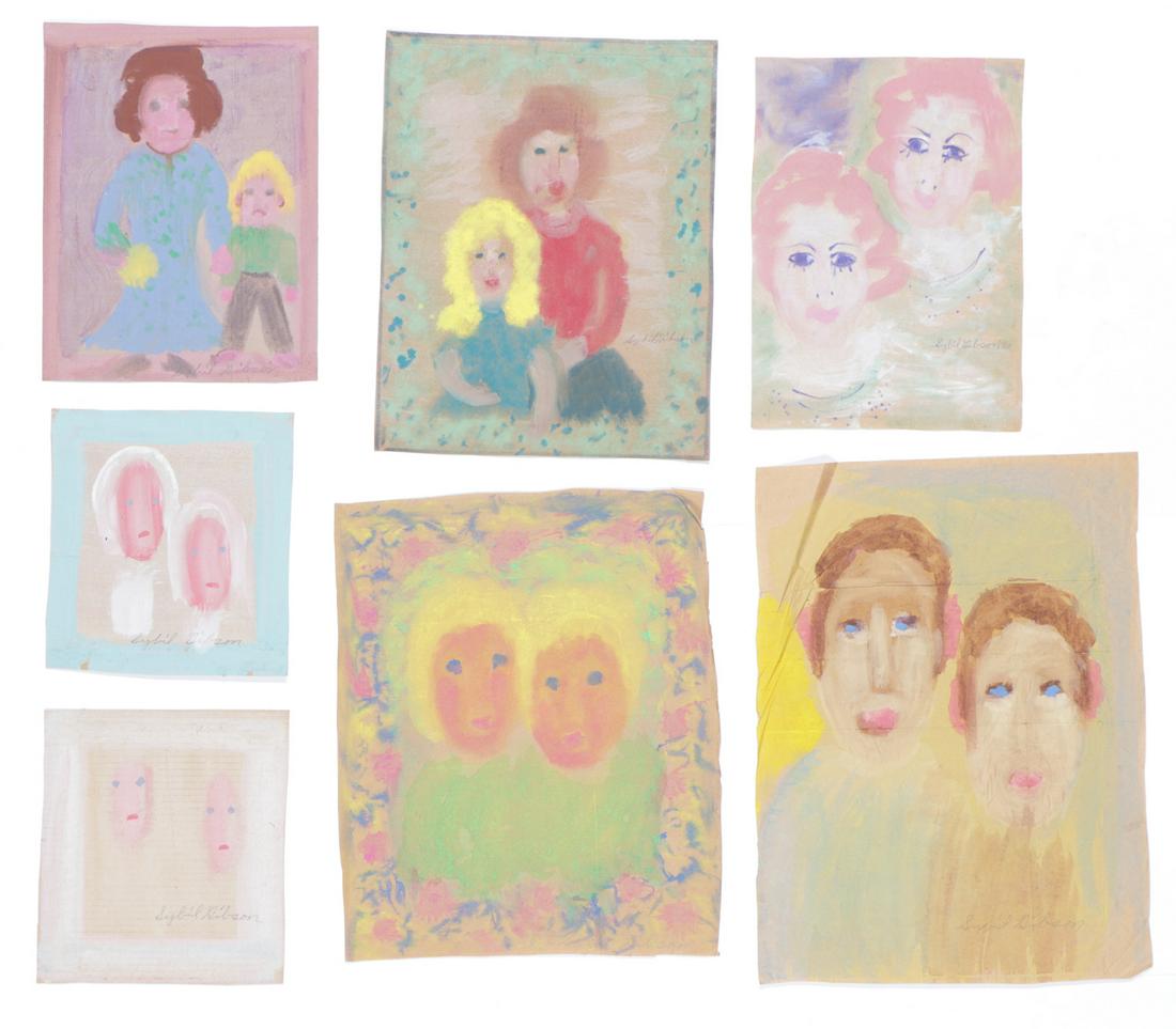 Sybil Gibson (American, 1908-1995) Seven (7) Pastels: Sybil Gibson (American, 1908-1995) Seven Pastels, on found paper. Unframed. Ranging in Size from: 13'' x 11.5'', 33 x 29 cm (sheet) to 25'' x 18.5'', 64 x 47 cm (sheet).