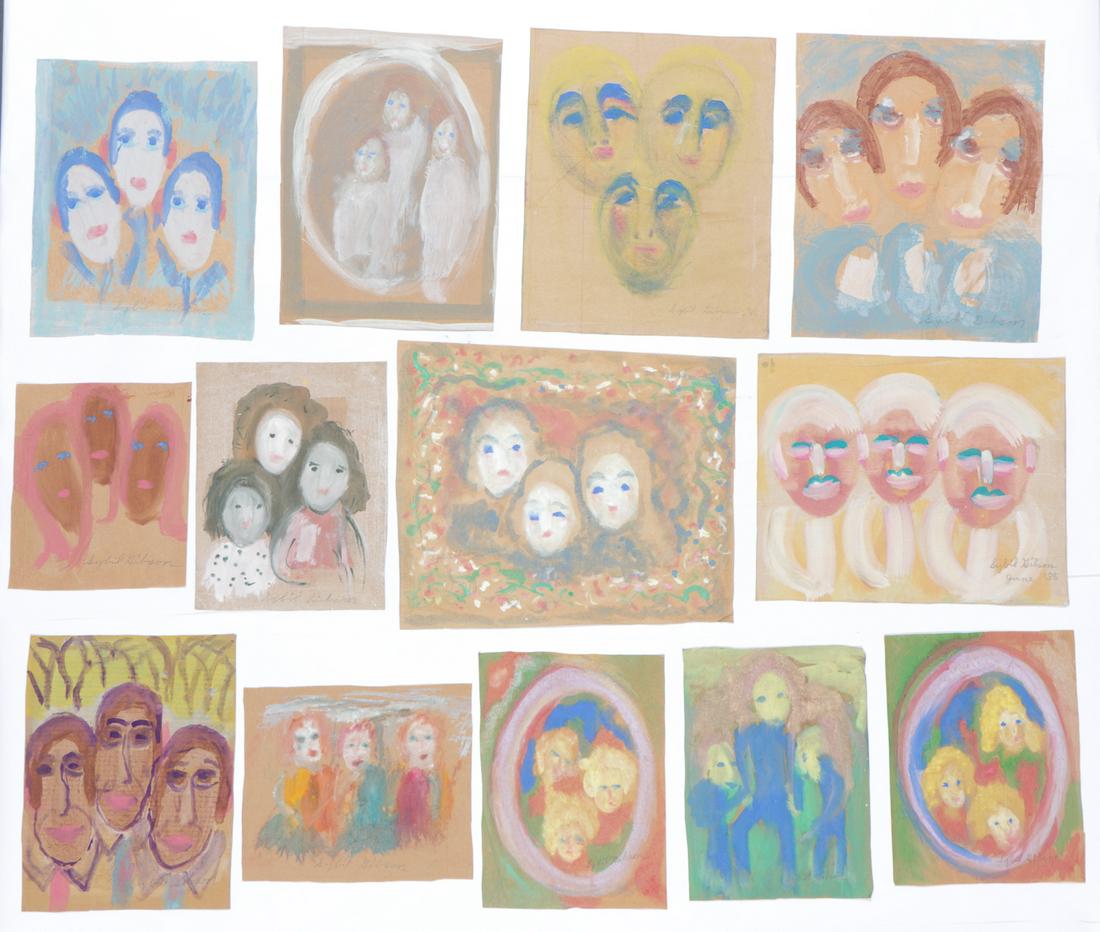 Sybil Gibson (American, 1908-1995) Thirteen (13): Sybil Gibson (American, 1908-1995) Thirteen Pastels, on found paper. Unframed. Ranging in size from: 13.5'' x 11'', 34 x 28 cm (sheet) to 18'' x 22'', 46 x 56 cm (sheet).