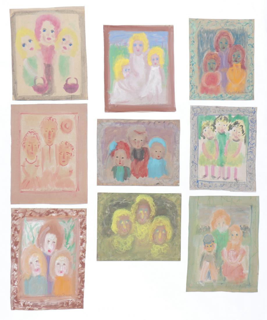 Sybil Gibson (American, 1908-1995) Nine (9) Pastels: Sybil Gibson (American, 1908-1995) Nine (9) Pastels, on found paper, signed. Unframed. Ranging in Size from: 21'' x 16.5'', 53 x 42 cm (sheet) to 24'' x 18'', 61 x 46 cm (sheet).