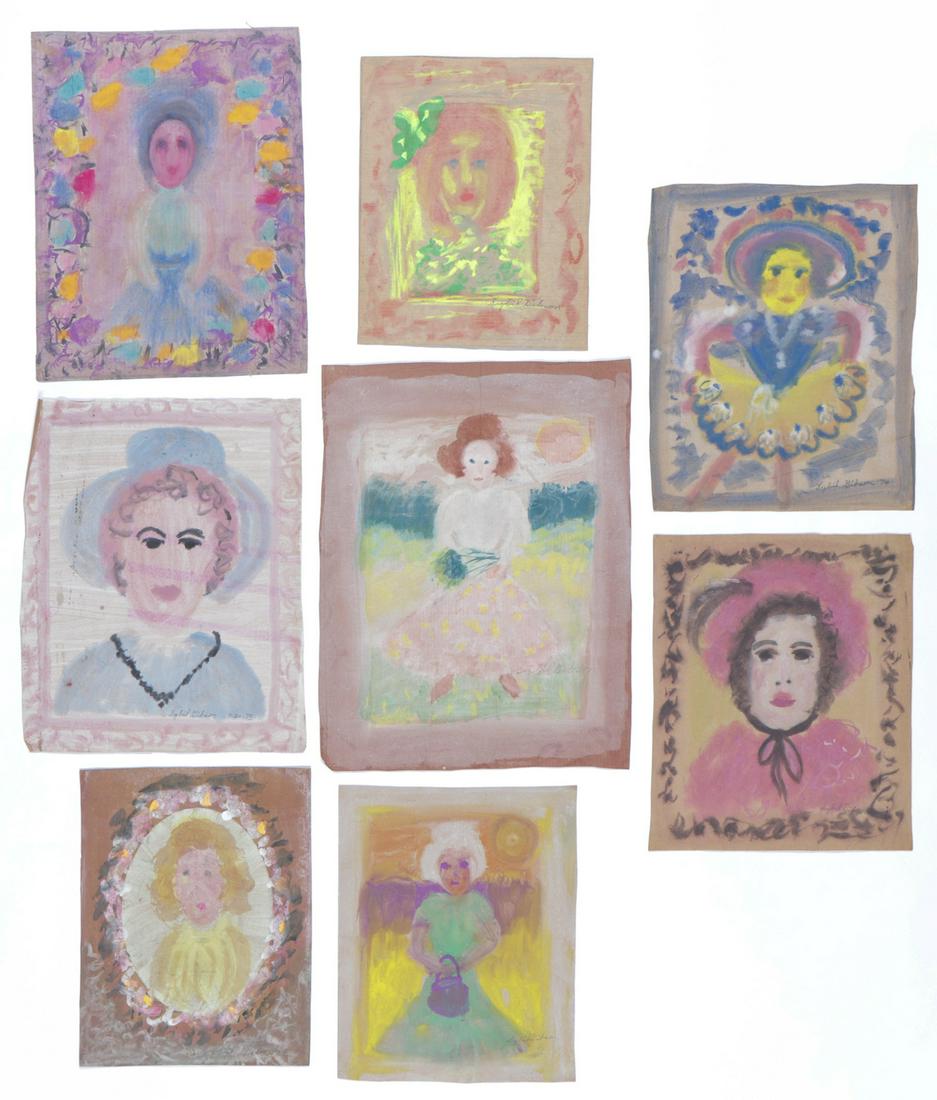 Sybil Gibson (American, 1908-1995) Eight Pastels: Sybil Gibson (American, 1908-1995) Eight Pastels. On found paper, signed. Unframed. Ranging in Size from: 20'' x 16'', 51 x 41 cm (sheet) to 28'' x 21.5'', 71 x 55 cm (sheet).