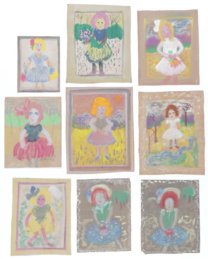 Sybil Gibson (American, 1908-1995) Nine (9) Pastels: Sybil Gibson (American, 1908-1995) Nine (9) Pastels. On found paper, signed. Unframed. Ranging in Size from: 16'' x 12'', 41 x 30 cm (sheet) to 24.5'' x 19.5'', 62 x 50 cm (sheet).