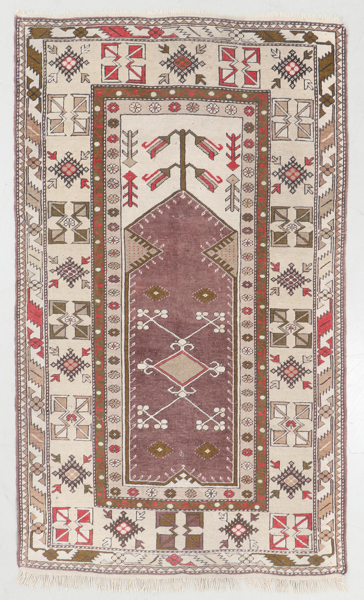 Vintage Milas Prayer Rug, Turkey: 4'2'' x 6'11'': Vintage Milas Prayer Rug, Turkey: 4'2'' x 6'11'' (127 x 211 cm). 13 lbs. Center City Philadelphia estate. Note: No reserve, all acceptable bidding commences at the online start price.