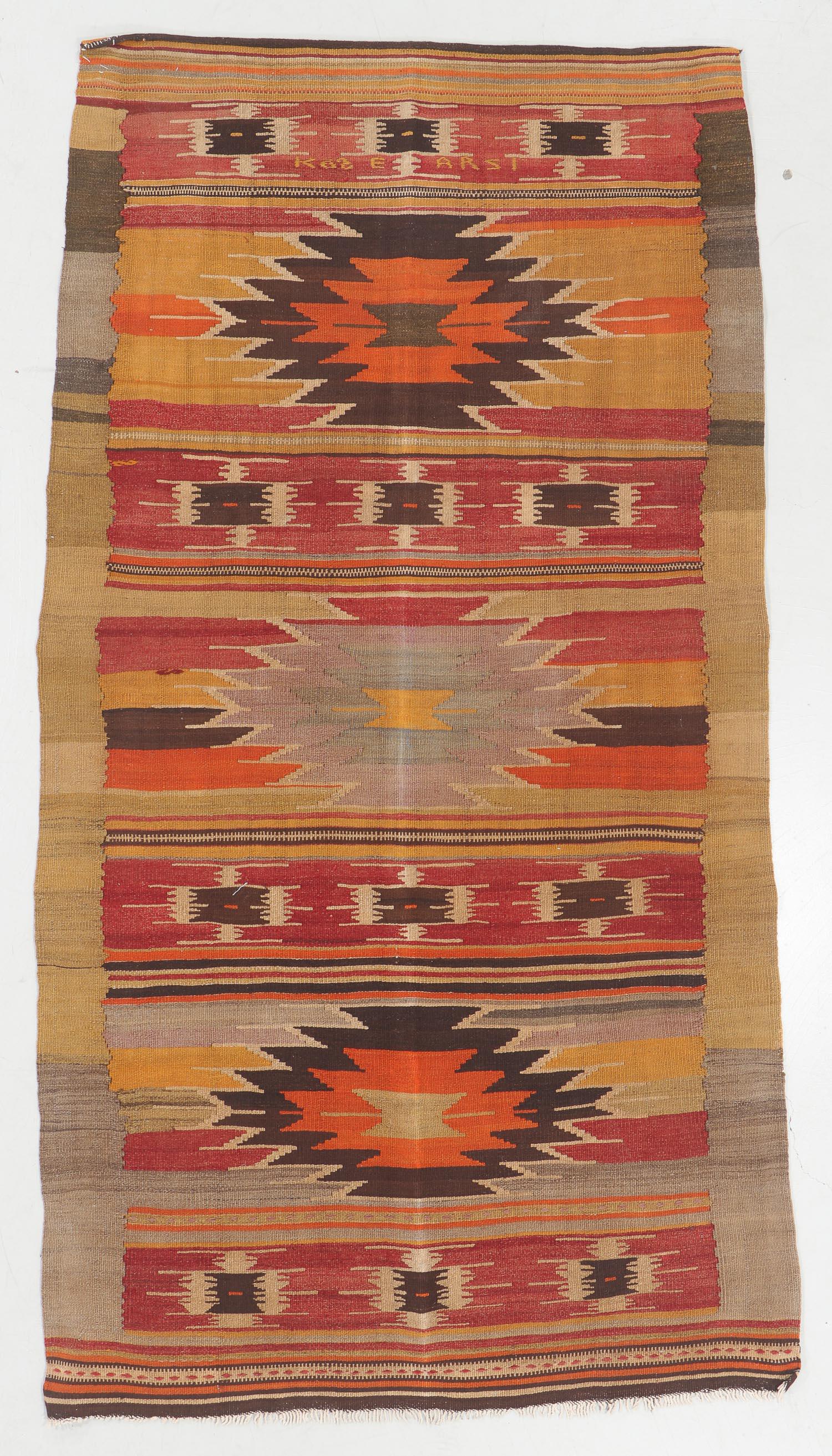 Semi-Antique Konya Kilim, Turkey: 4'9'' x 8'6'': Semi-Antique Konya Kilim, Turkey: 4'9'' x 8'6'' (145 x 259 cm). 25 lbs. Note: No reserve, all acceptable bidding commences at the online start price.