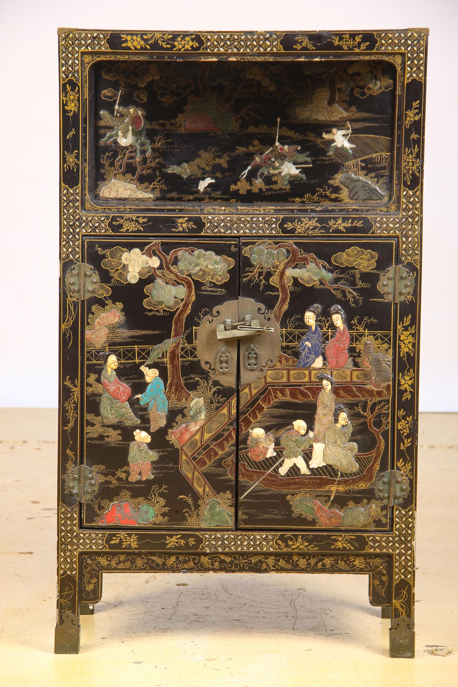 Antique Chinese Black Lacquered and Hardstone Decorated (1 of 10)