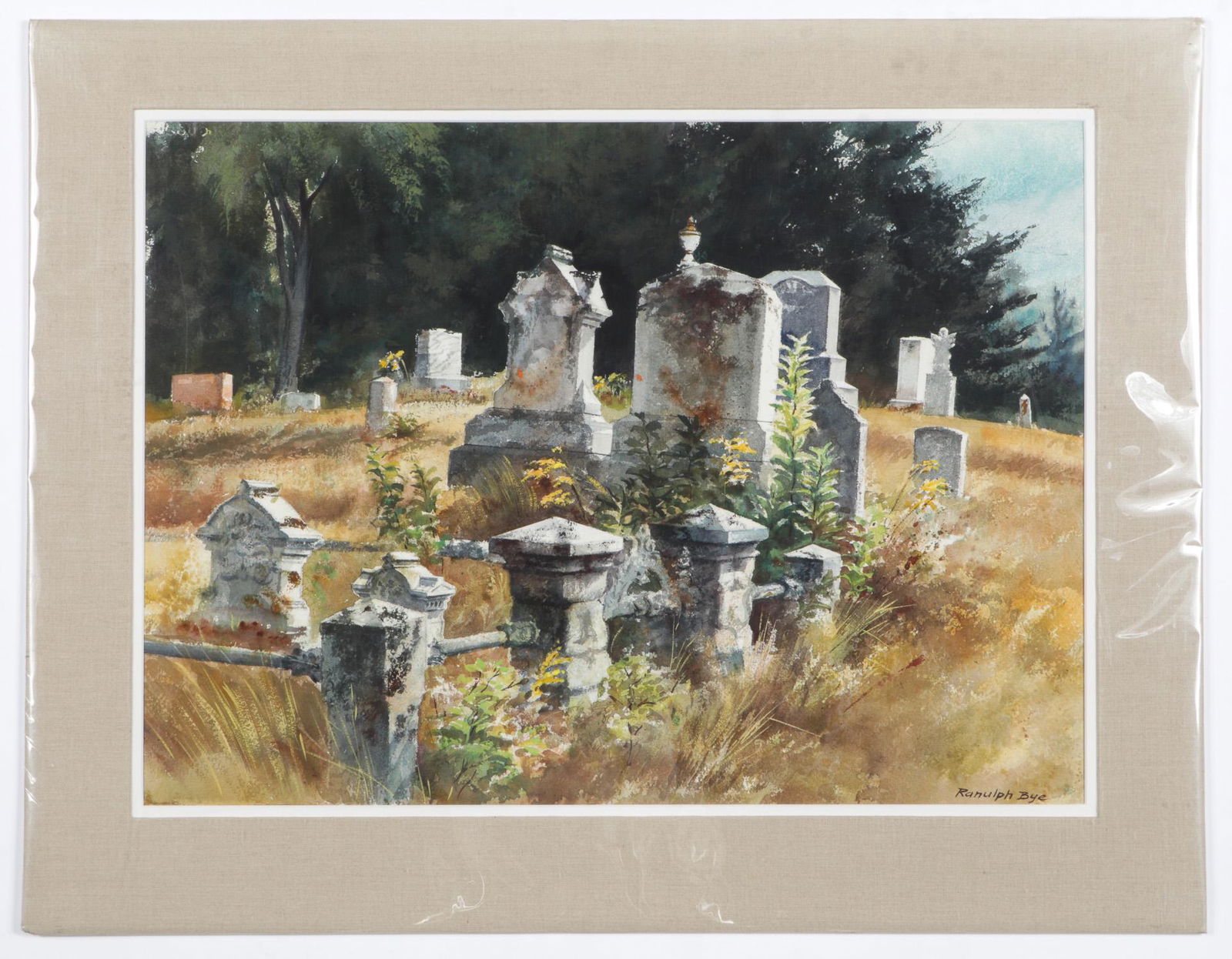 Ranulph Bye (American, 1916-2003) Watercolor Painting: Ranulph Bye (American, 1916-2003) "A Long Ago Grave Site," watercolor painting on paper, signed. Unframed. Size: 21'' x 29'', 53 x 74 cm (sight); 28'' x 36'', 71 x 91 cm (mat).