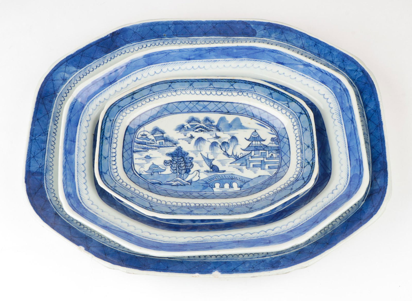 Three Chinese Export Canton Blue & White Platters, 19th (1 of 4)