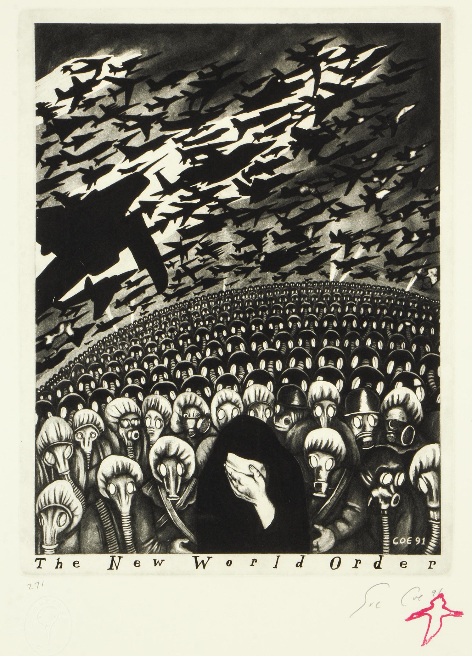 Sue Coe (British, b. 1951) "New World Order", 1991: Sue Coe (British, b. 1951) "New World Order", 1991, photo etching on paper, signed and numbered. Unframed. Provenance: Private Collection; Acquired from Galerie St. Etienne. Size: 13.75'' x 10.75'', 3