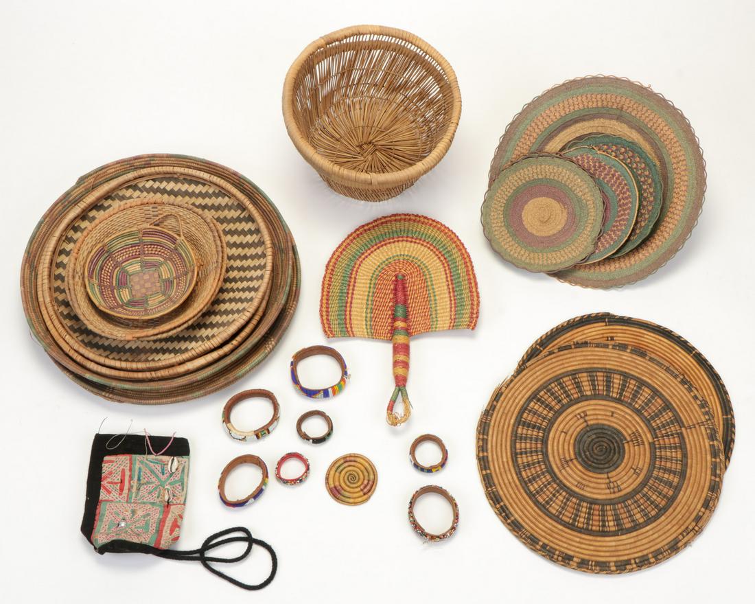 Group of African Basketry and Beaded Bracelets: Group of African Basketry and Beaded Bracelets.Ranging in Size from: 2'' x 2'', 5 x 5 cm to 16'' x 16'', 41 x 41 cm.