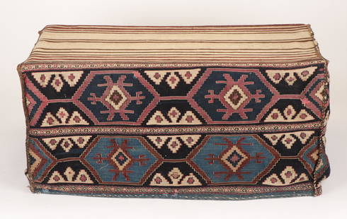 Antique Shah-Sevan Kilim Cargo Bag (Besik/ Mafrash): Kilim bedding bag/cargo bag, Shah-sevan, Iran or Azerbaijan, late 19th or early 20th century. Published in Parviz Tanavoli Shahsavan, Plate 114. Warp: wool, weft: wool. Provenance: David and Barbara