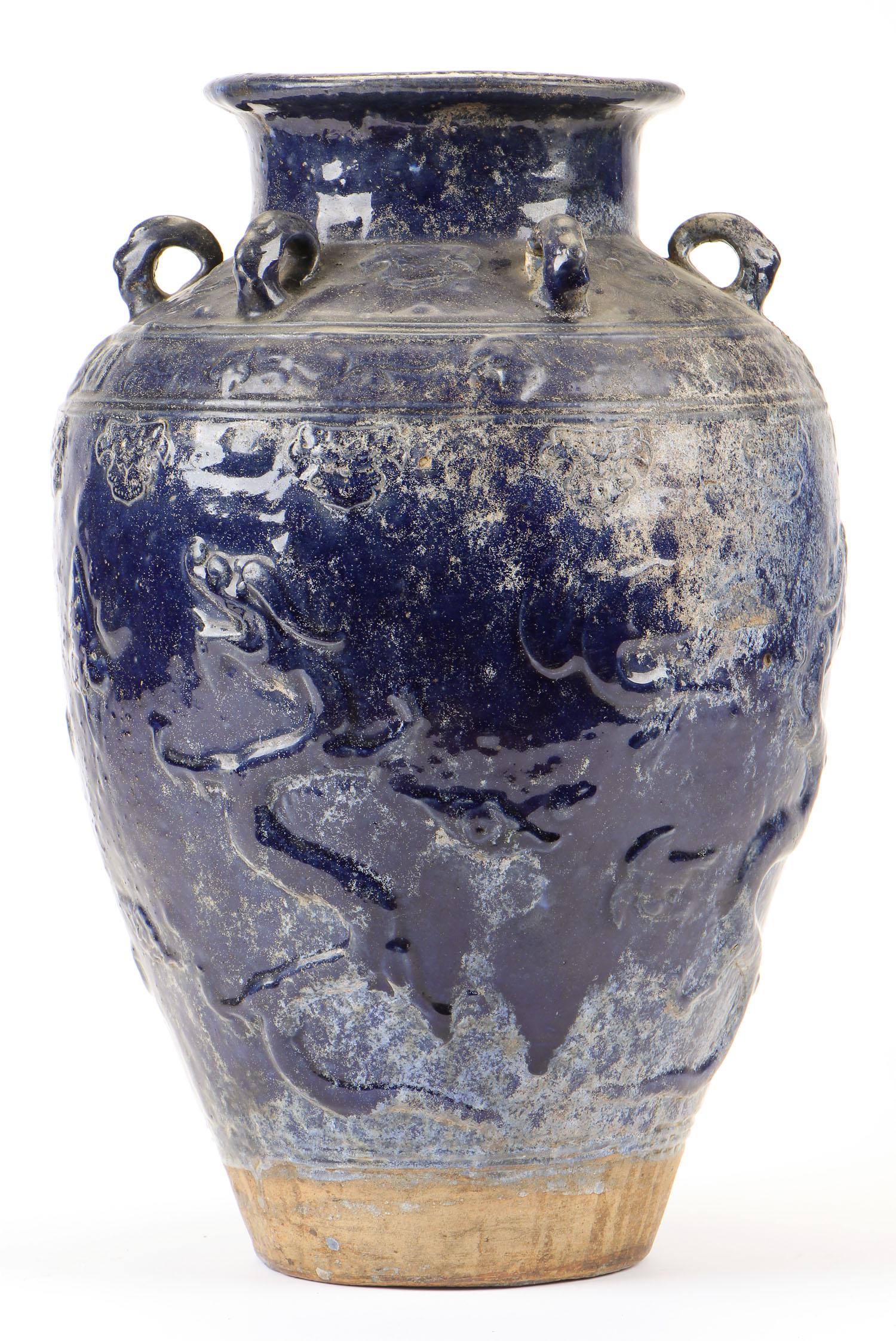 Chinese Relief Decorated Blue Glaze Vase (1 of 5)