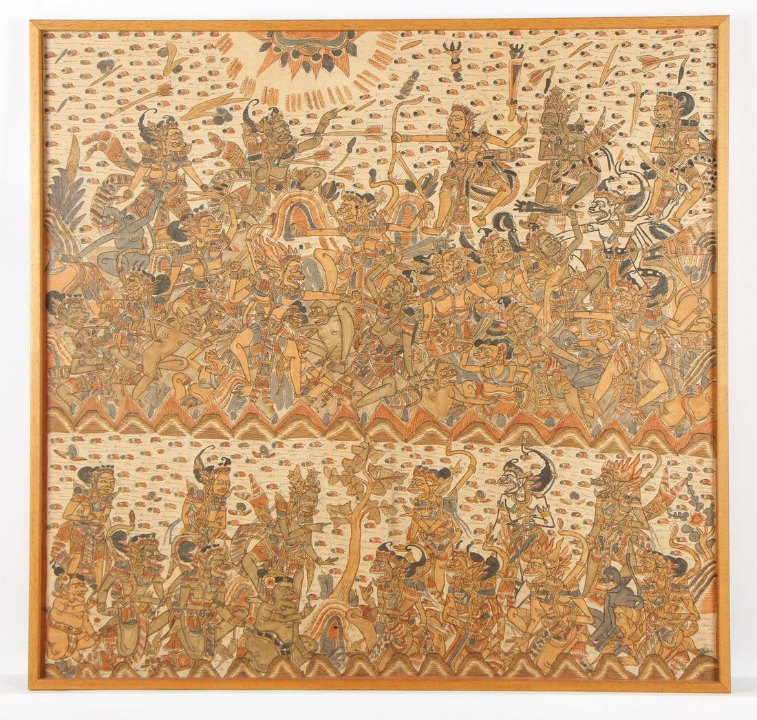 Old Balinese Kamasan Painting: Old Balinese Kamasan painting, ink and watercolor on fabric. Size: 46.5'' x 48.5'', 118 x 123 cm (sight); 48'' x 50'', 122 x 127 cm (frame). Please Note: There Are No Hidden or Confidential Reserves i