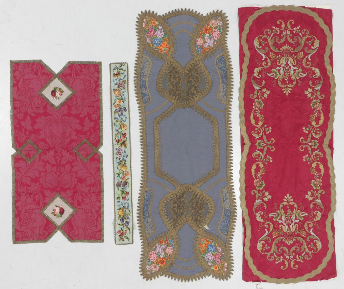 4 Antique Continental Silk Textiles: 4 Antique Continental Silk Textiles, Including 3 Table Runners and Embroidered Belt. Largest Size: 27" x 77". Smallest Size: 5" x 50". Please Note: There Are No Hidden or Confidential Reserves in this