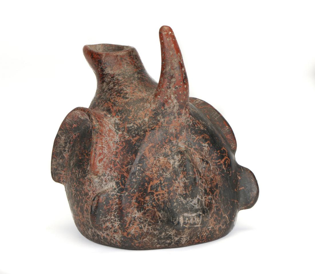 Pre-Columbian Colima Shaman Head Vessel (200 BCE to 200: Pre-Columbian Colima Shaman Head Vessel (200 BCE to 200 CE). Size: 6'' x 5.5'' x 5.5'' (15 x 14 x 14 cm). Dendrite deposits and root marks. Please Note: There Are No Hidden or Confidential Reserves in