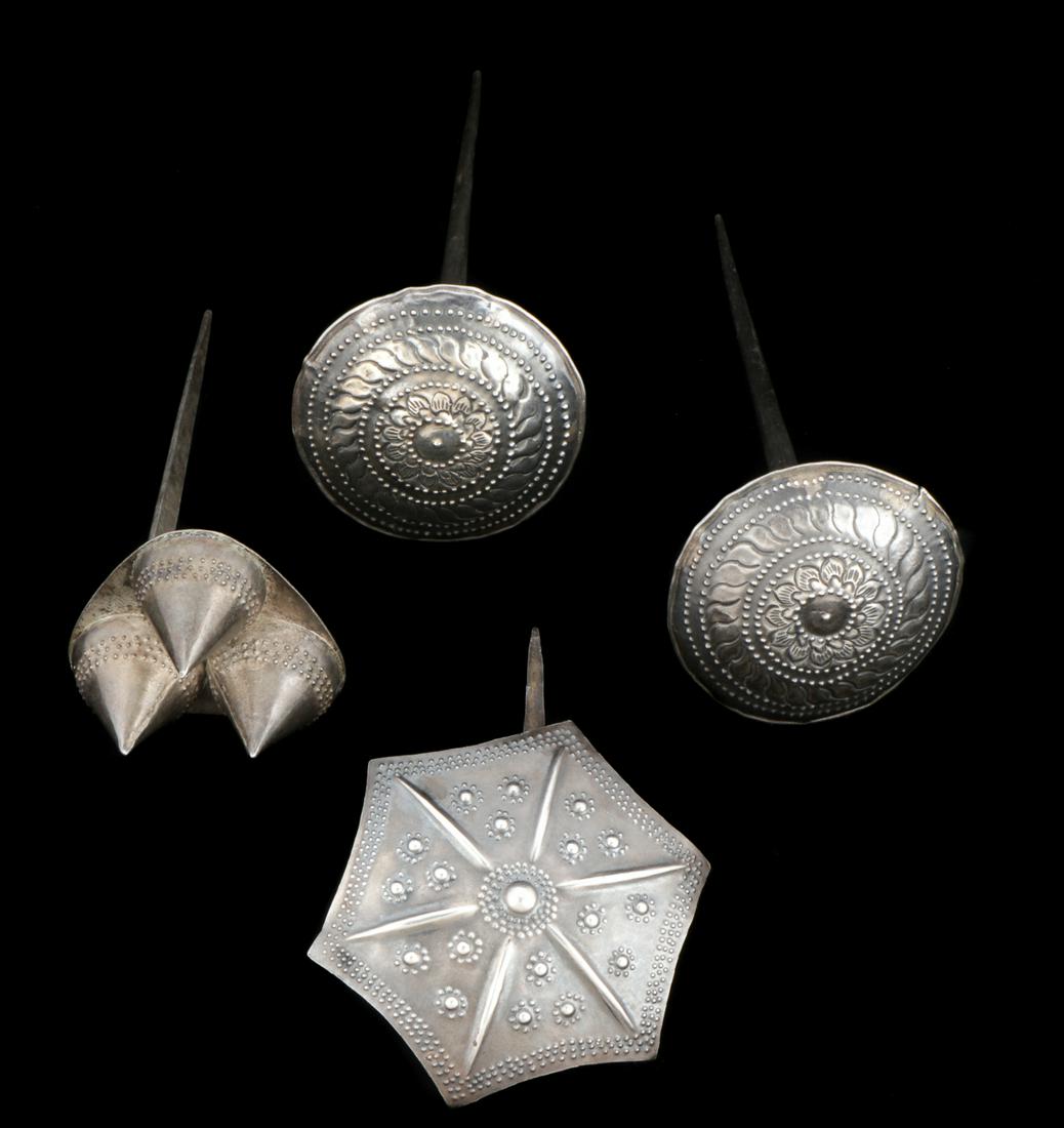 Collection of 4 Antique Silver Hair Pins, Thai/Laos: Collection of 4 Antique Silver Hair Pins, Hill Tribes, Thai, Laos. 2.91 ozt. Ranging in size from: 6.75'' x 2.25'' (17 x 6 cm) to 4.5'' x 2.5'' (11 x 6 cm). Provenance: Private South Carolina Collecti